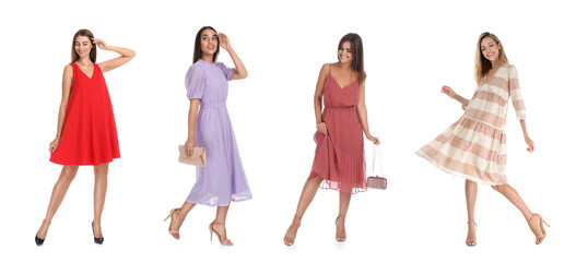 Collage with photos of women wearing different dresses on white background. Banner design
