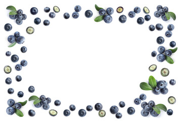 Naklejka na ściany i meble Frame of fresh blueberries on white background, top view