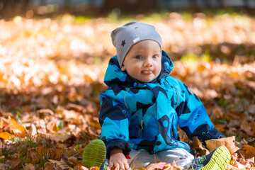 A little baby boy playing with colorful fallen leaves in the park in autumn.