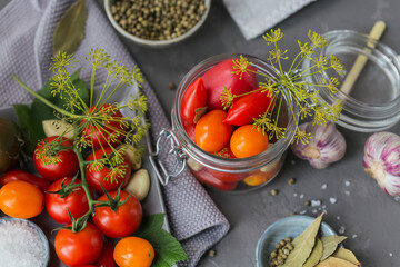 Preserving fresh and pickled tomatoes, seasonings and garlic on grey concrete table. Healthy fermented food. Home canned vegetables.