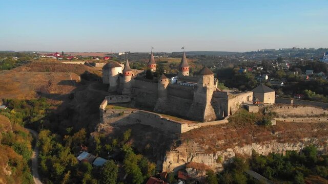 Approaching Aerial View of Kamianets Podilskyi Castle in Ukraine