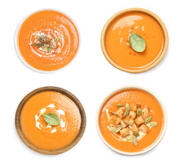 Set of fresh pumpkin soups on white background, top view