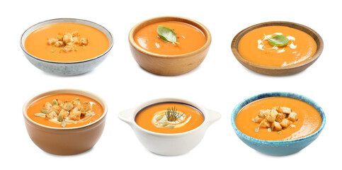 Set of fresh pumpkin soups on white background, banner design