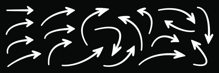 Hand drawn curved arrows . Sketch doodle style. Collection of vector pointers.