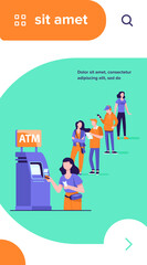 Queue of people standing for using ATM. Bank customer inserting credit card to slot for transaction. Vector illustration for business, banking, finance concept