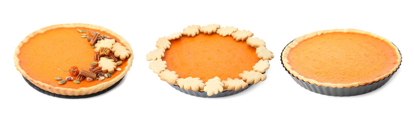 Set of tasty pumpkin pies on white background, banner design © New Africa