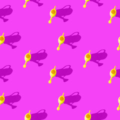 Photo seamless pattern yellow watering can for watering flowers with shadows on a colored background. High quality photo