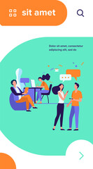 Hipster people talking and using computers in co-working. Creative team meeting and working in open space. Vector illustration for workplace, teamwork, business concept