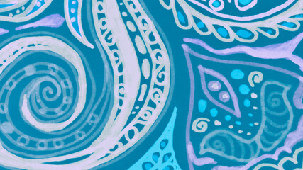Indian Floral Style. Aqua Ethnic Illustration. 