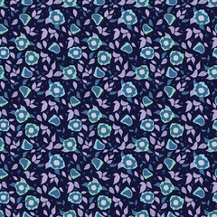Seamless pattern of cute color flowers and leaves - Scandinavian style. Hand drawn stock illustration isolated on blue background for paper, textile print, packaging and stationery design