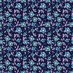 Seamless pattern of cute color flowers and leaves - Scandinavian style. Hand drawn stock illustration isolated on blue background for paper, textile print, packaging and stationery design