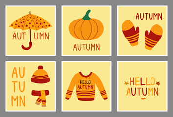 Cozy autumn. Set of cards. Cute umbrella, sock, hat, sweater, scarf, boot, mittens, pumpkin, cups, leaves, cookies. Hand drawn vector illustration.