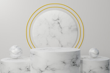 3d rendering close-up White marble cylinder podium luxurious style, concept scene stage showcase Platforms for product presentation, background. Abstract composition design,show stand product
