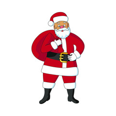 Santa Claus in red clothes stands and holds a bag. Vector illustration in cartoon style for Christmas.