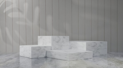 White marble Square shape podium luxurious style, concept scene stage showcase Platforms for product presentation, wood background. 3d rendering composition design