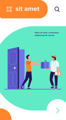 Courier delivering order to customer door. Man getting parcel, box, package flat vector illustration. Postman, shipping, service concept for banner, website design or landing web page