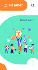 Fototapeta premium People winning different prizes. Team of winners celebrating achievements, holding gold cup and medals. Vector illustration for trophy, award, success concepts