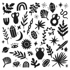 Collection of hand drawn elements for banner, flyer, poster, invitation, magazine, etc. Set of various abstract elements, plants, gems and doodles.
