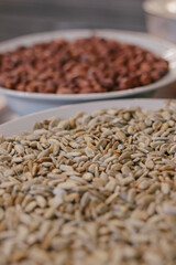 Roasted sunflower seeds in a plate in the foreground and peanuts in the background. Close-up.Macro shot. Selective focus.