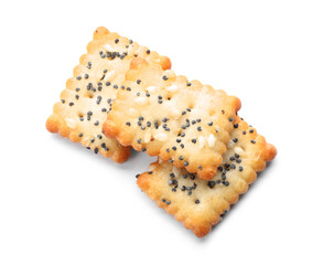 Delicious crispy crackers with poppy and sesame seeds isolated on white, top view