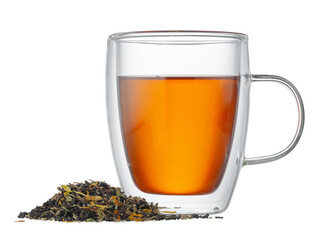 Glass cup of tea with dry tea leaves isolated on white