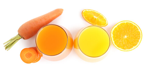 Glasses of delicious juices, fresh orange and carrot on white background, top view