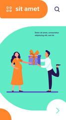 Man giving gift to his pregnant wife. Expecting couple, parents, present for baby flat vector illustration. Family, pregnancy, love concept for banner, website design or landing web page