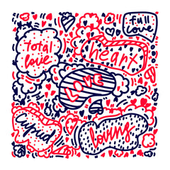 Vector background dedicated to love. Hand-drawn in the Doodle style. Lettering on the Card with the words Love, Heart, Loving, Cupid. Vector illustration dedicated to Valentine's day. Vector