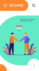 Male gay couple with rainbow heart. Cheerful men holding hands flat vector illustration. Homosexuality, LGBT, gay pride parade concept for banner, website design or landing web page