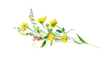 Rustic Wedding Invitation Design, Floral Wattercolor Arrangement, Wild Field Flowers Colorful, Botanical Realistic Illustration  - 383354985