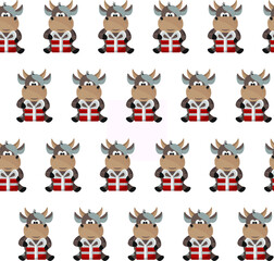 christmas seamless pattern with symbol of 2021. New year pattern with cow. Pattern with a bull and a gift box. 