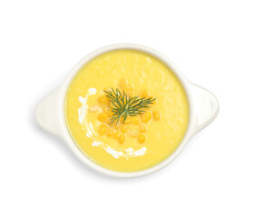 Delicious creamy corn soup isolated on white, top view