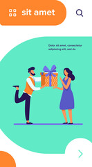 Bearded man giving gift to surprised woman. Present, boyfriend, couple flat vector illustration. Event and love concept for banner, website design or landing web page