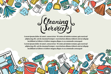 Vector colorful background on the theme of cleaning services, putting things in order, purity. Cover with cartoon equipment and household chemicals