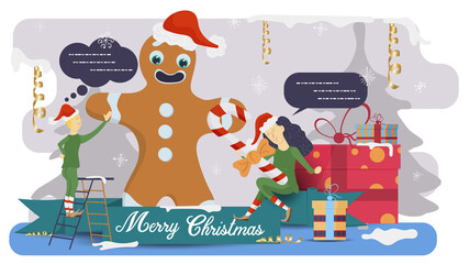 flat vector illustration for Christmas and new year design little people in elf helper costumes decorate gingerbread man