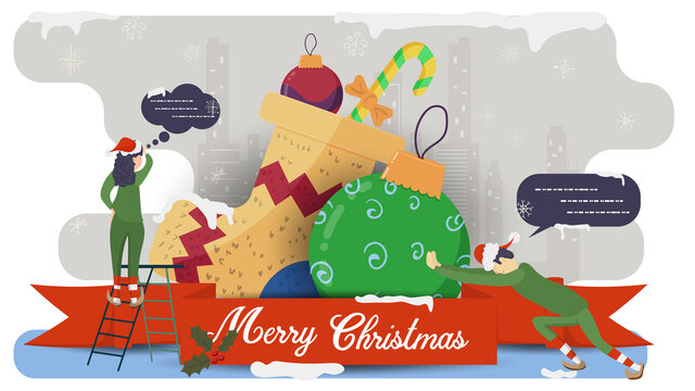 flat vector illustration for Christmas and new year design little people in elf helper costumes put a balloon toy near the sock