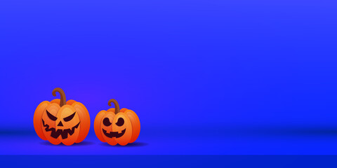 Happy halloween minimal creative banner with two orange scary pumpkins on purple background. Place for text