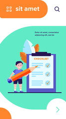 Boy filling out checklist. Child with pencil, kid, task list flat vector illustration. Planning, survey, education concept for banner, website design or landing web page