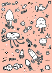 set clipart Sea Animals Collection jellifish doodle child vector