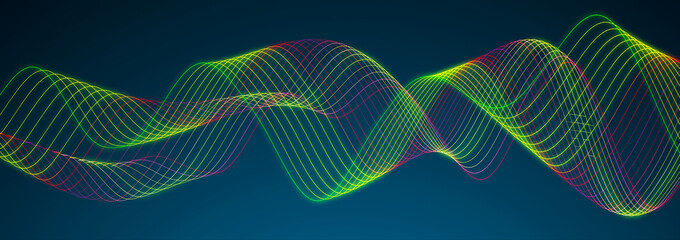 Colored sound wave. Equalizer for music. Futuristic dots background. 3D rendering. widescreen