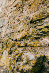 An old medieval stone wall, grass and moss on it. Wallpaper, natural background, copy space, soft focus.