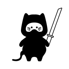 Cute ninja cat with sword. Flat design for poster or t-shirt. Vector illustration