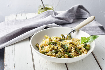 Fusilli pesto pasta with green beans.