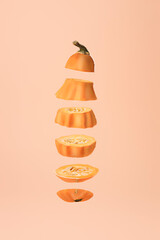 Infographic design of sliced pumpkin levitating. Minimal Autumn of Fall background. Food deconstructed food styling concept.