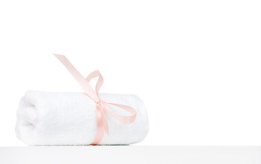 Moss towel on white table, back white background