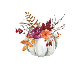 Beautiful fall arrangement illustration. White pumpkin with purple and orange flowers, leaves, tree branches, berries, isolated on white background Rustic style decoration. Thanksgiving card.