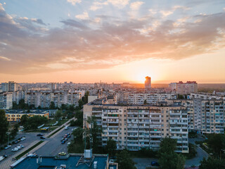 Aerial view of a densely populated sleeping area of ​​the Kiev metropolis