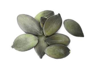 Peeled pumpkin seeds isolated on white, top view