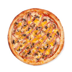 Top view of round pizza isolated on white
