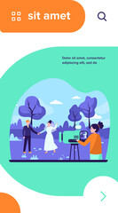 Female operator working at wedding. Camerawoman filming just married couple outdoors scene flat vector illustration. Videographer, operator job concept for banner, website design or landing web page